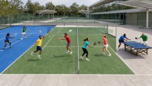 Groupe diversifié de femmes et d’hommes pratiquant le tennis, le badminton, le padel et le tennis de table sur des terrains modernes et lumineux.