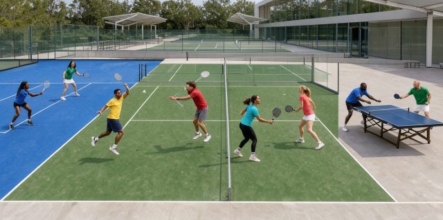 Groupe diversifié de femmes et d’hommes pratiquant le tennis, le badminton, le padel et le tennis de table sur des terrains modernes et lumineux.