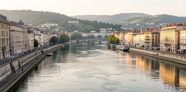 Vue urbaine réaliste de Lyon depuis les quais de la Saône, avec les immeubles anciens, la Presqu’île et les collines baignés par une douce lumière de fin de journée.
