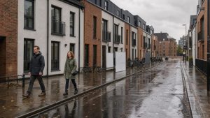 Vue urbaine réaliste de Dublin avec des immeubles résidentiels, des panneaux immobiliers vierges et deux passants sous une lumière grise.