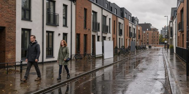 Vue urbaine réaliste de Dublin avec des immeubles résidentiels, des panneaux immobiliers vierges et deux passants sous une lumière grise.