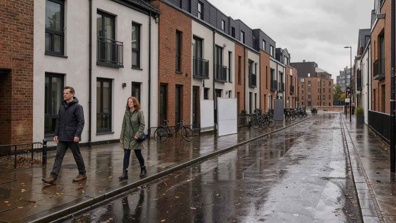 Vue urbaine réaliste de Dublin avec des immeubles résidentiels, des panneaux immobiliers vierges et deux passants sous une lumière grise.